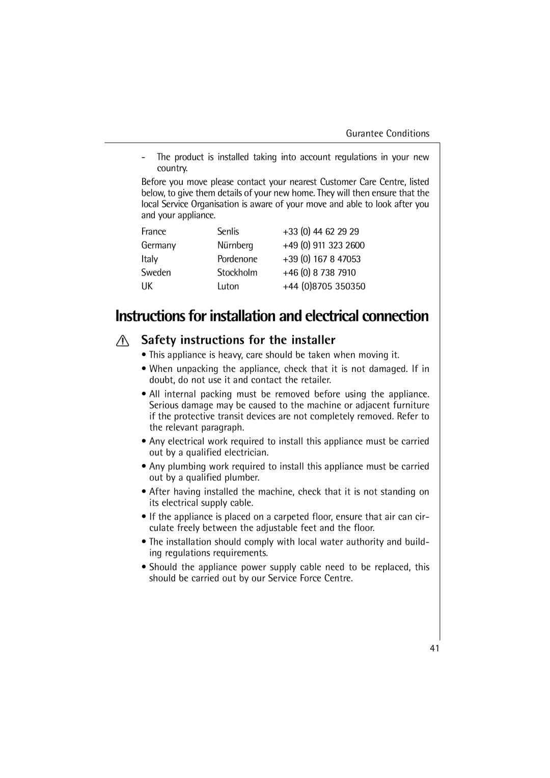 AEG 74900 manual Instructions for installation and electrical connection, Safety instructions for the installer 