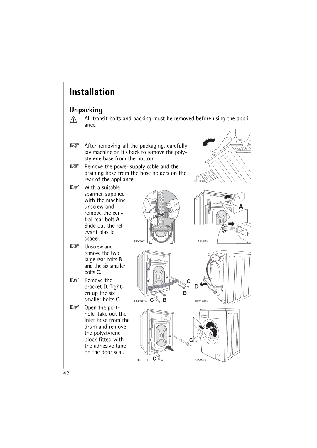 AEG 74900 manual Installation, Unpacking 