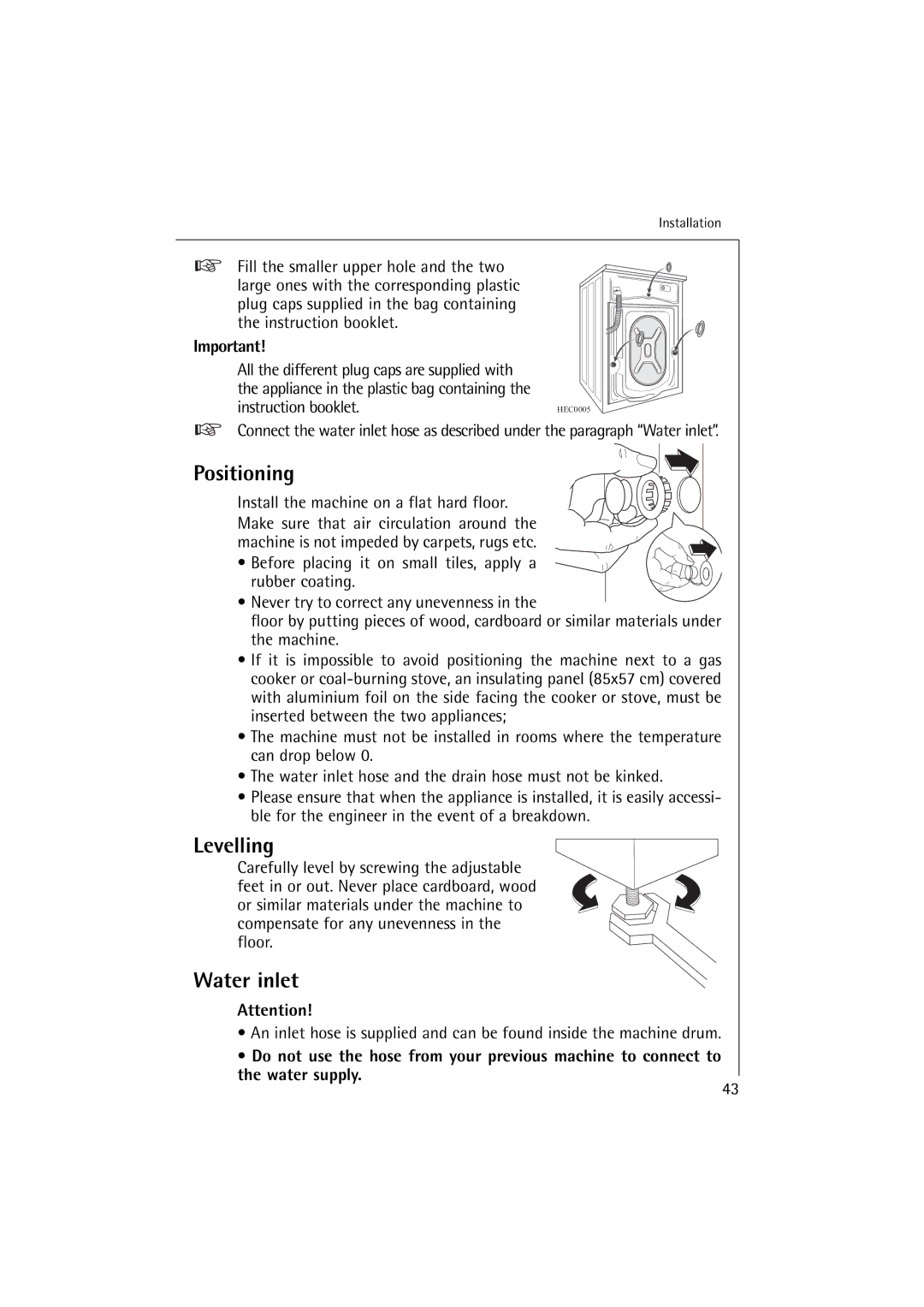 AEG 74900 manual Positioning, Levelling, Water inlet 