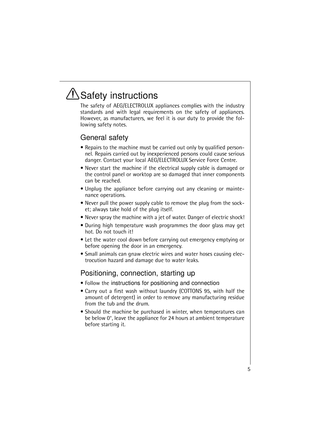 AEG 74900 manual Safety instructions, General safety, Positioning, connection, starting up 