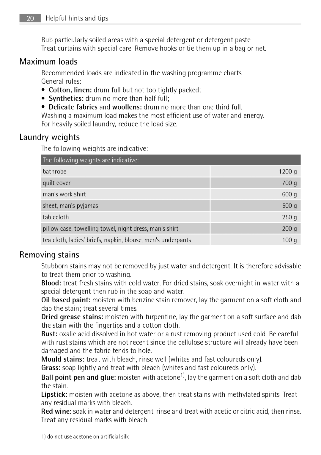 AEG 74950A user manual Maximum loads, Laundry weights, Removing stains, 100 g 