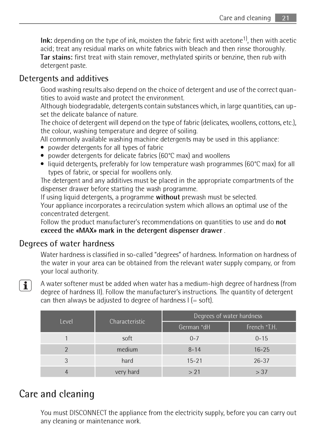 AEG 74950A user manual Care and cleaning, Detergents and additives, Degrees of water hardness 