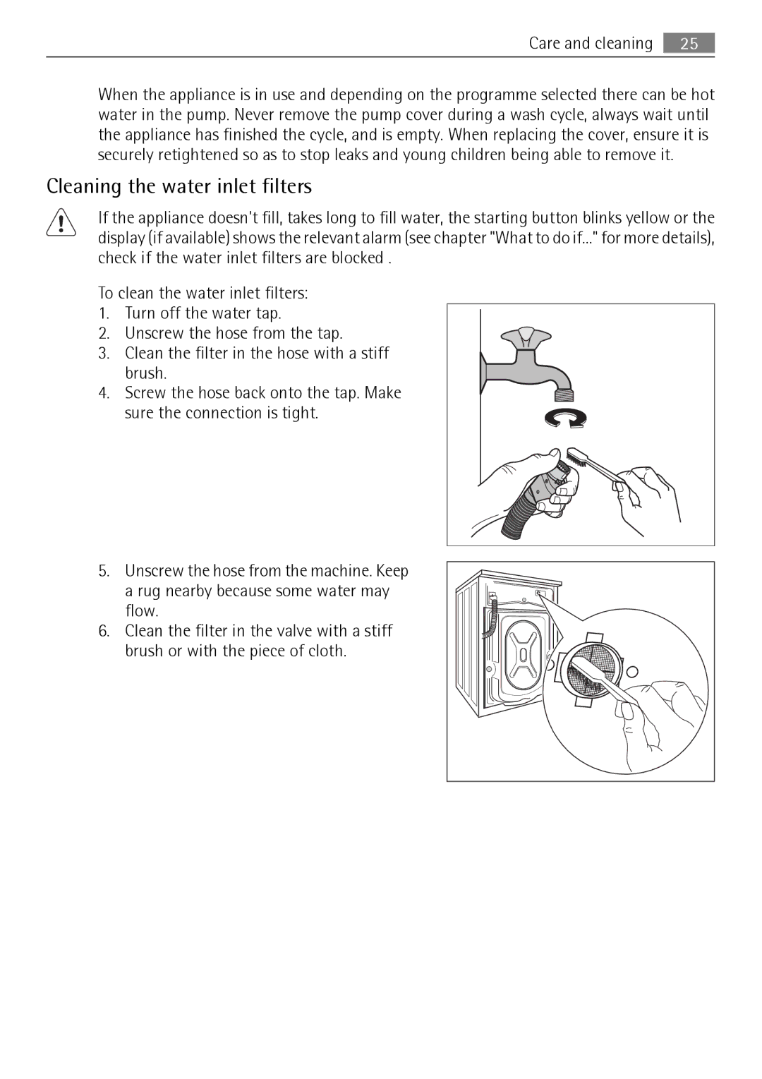 AEG 74950A user manual Cleaning the water inlet filters 