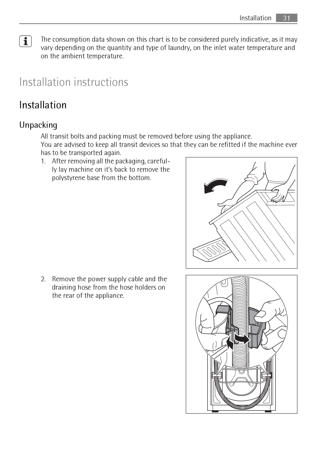 AEG 74950A user manual Installation, Unpacking 