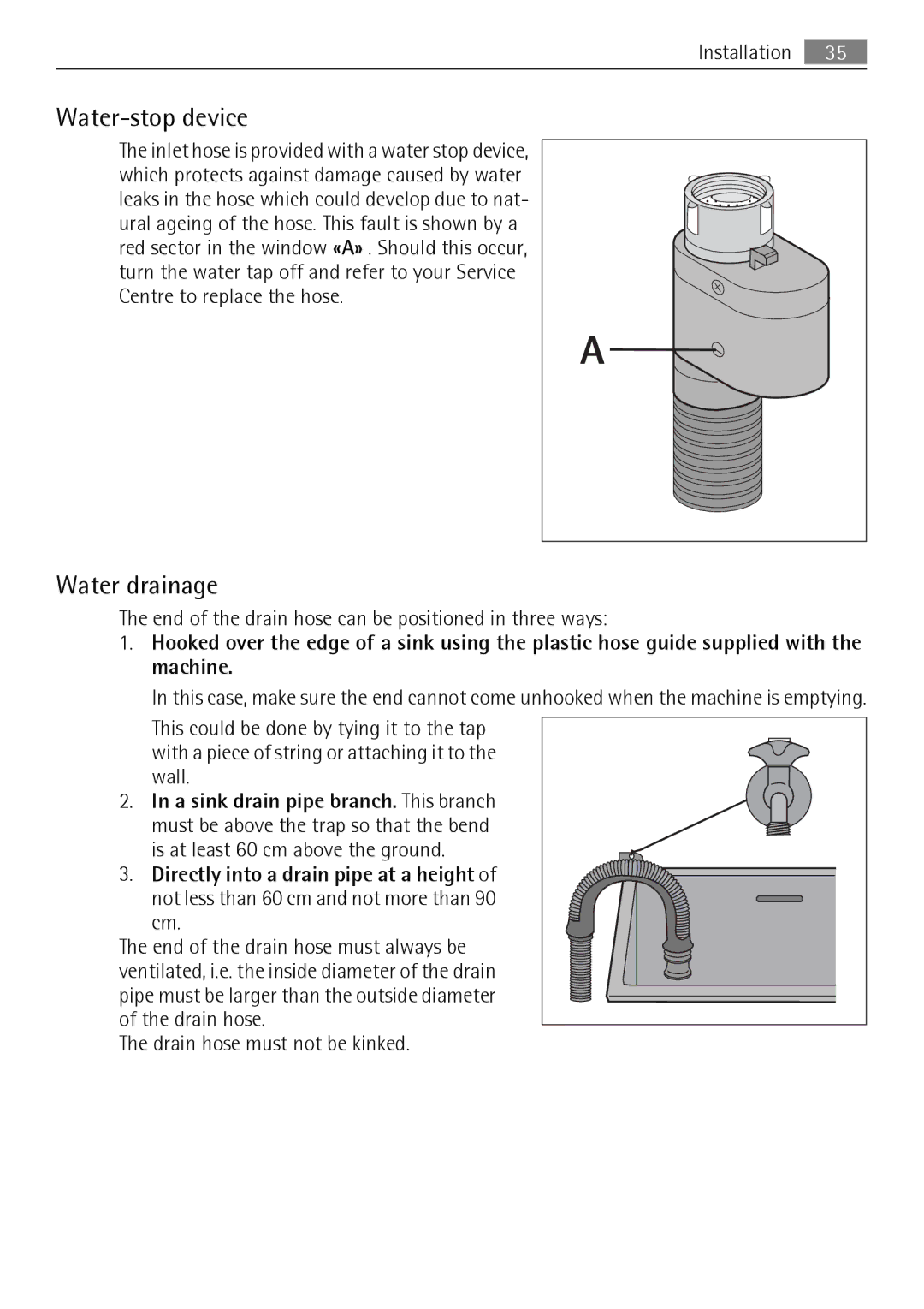 AEG 74950A user manual Water-stop device, Water drainage 