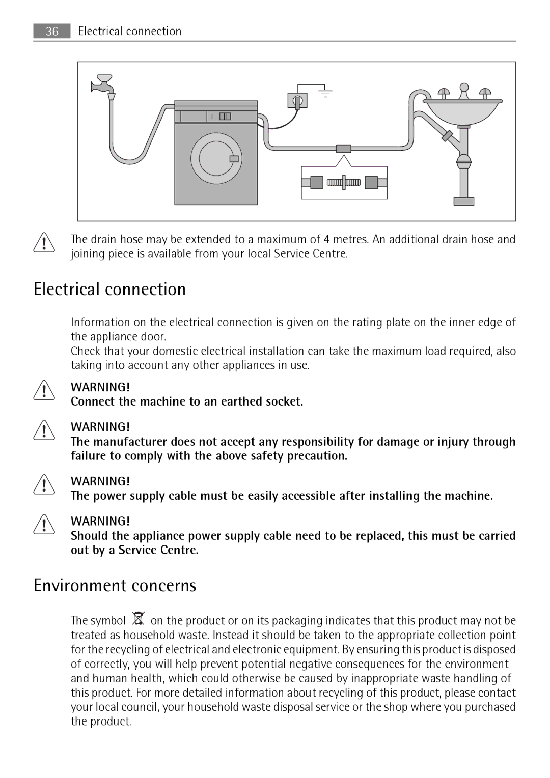 AEG 74950A user manual Electrical connection, Environment concerns 