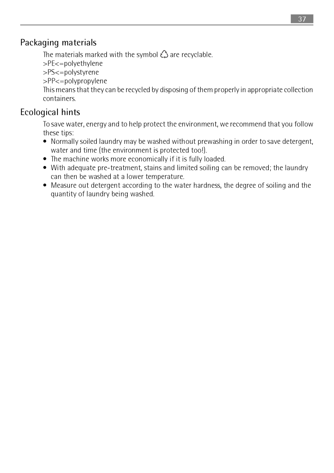 AEG 74950A user manual Packaging materials, Ecological hints 