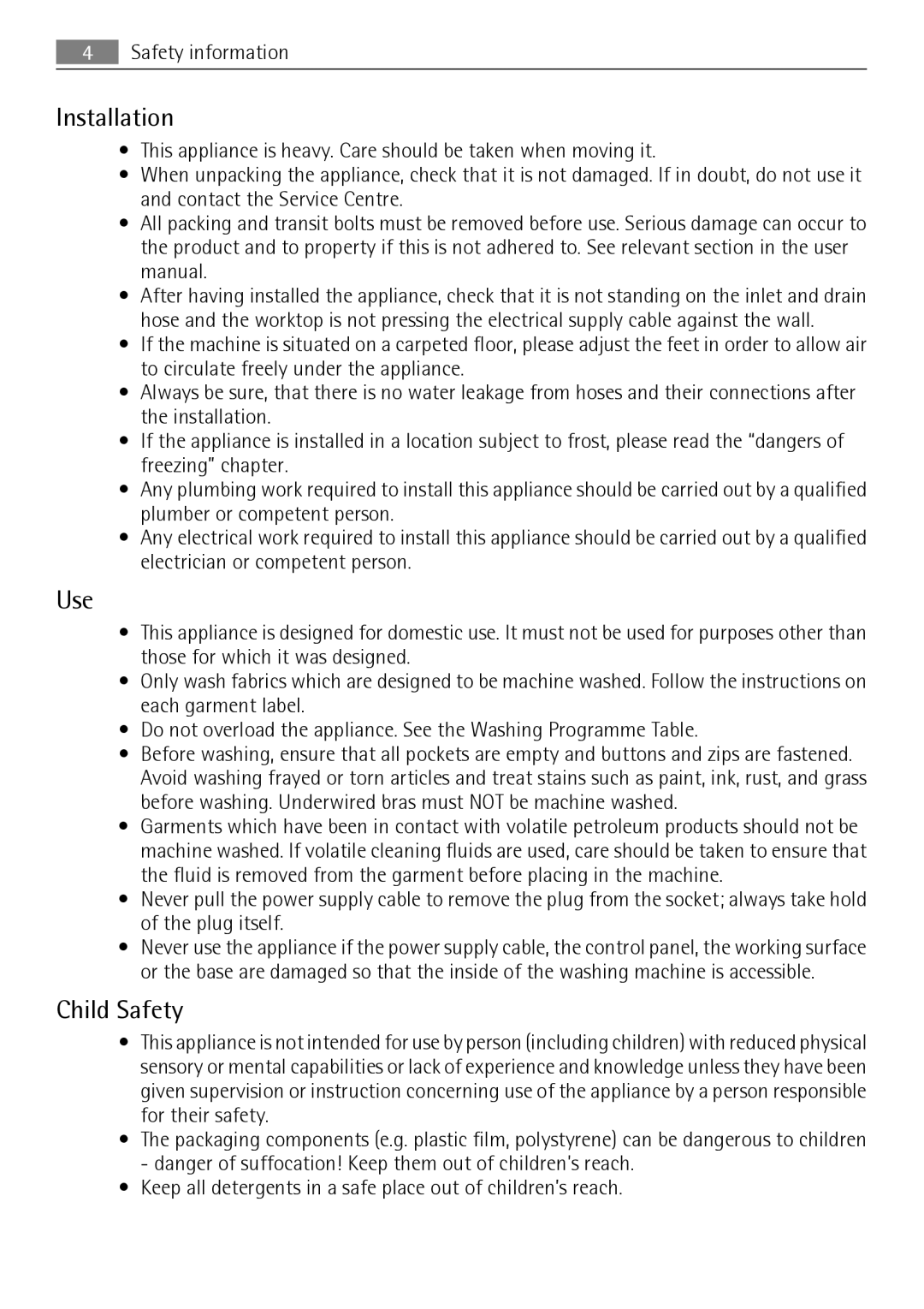 AEG 74950A user manual Installation, Use, Child Safety 