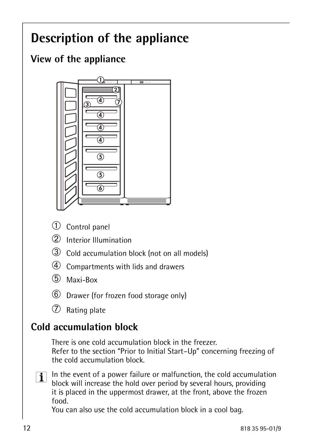 AEG 75248 GA1 manual Description of the appliance, View of the appliance, Cold accumulation block 