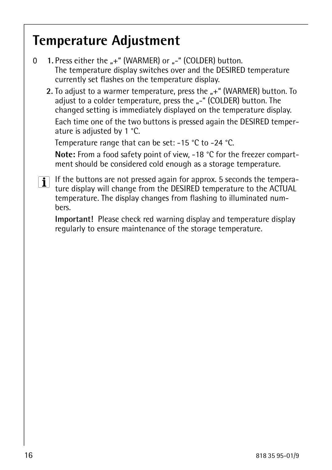 AEG 75248 GA1 manual Temperature Adjustment 