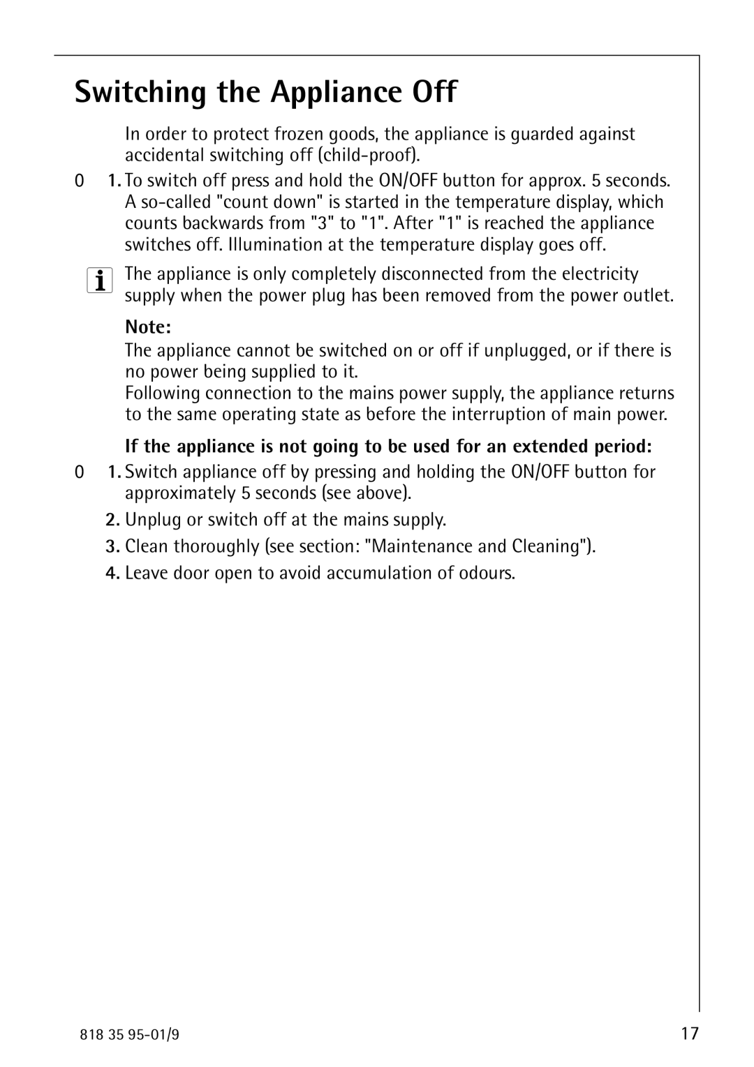 AEG 75248 GA1 manual Switching the Appliance Off 