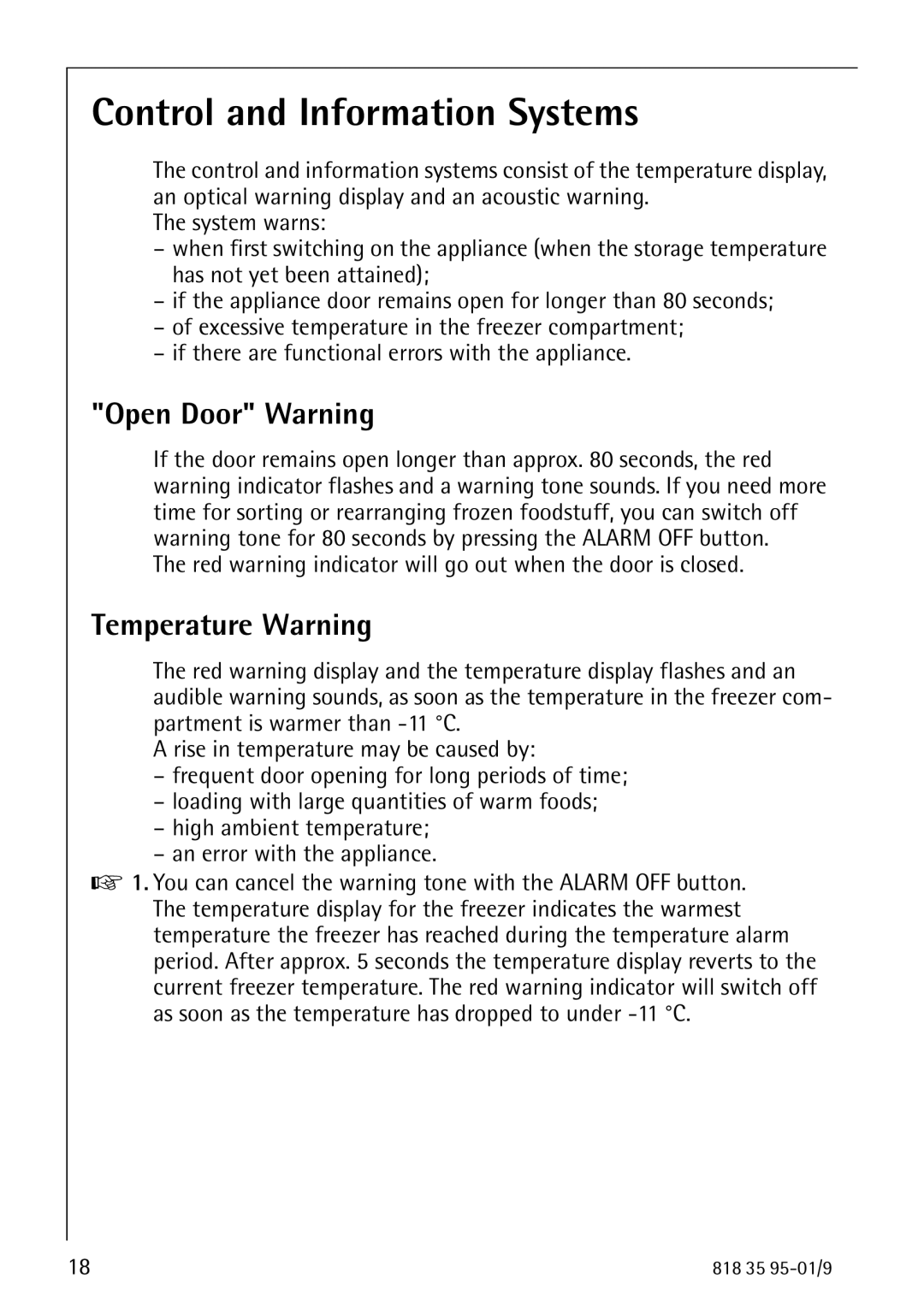 AEG 75248 GA1 manual Control and Information Systems, Open Door Warning, Temperature Warning 