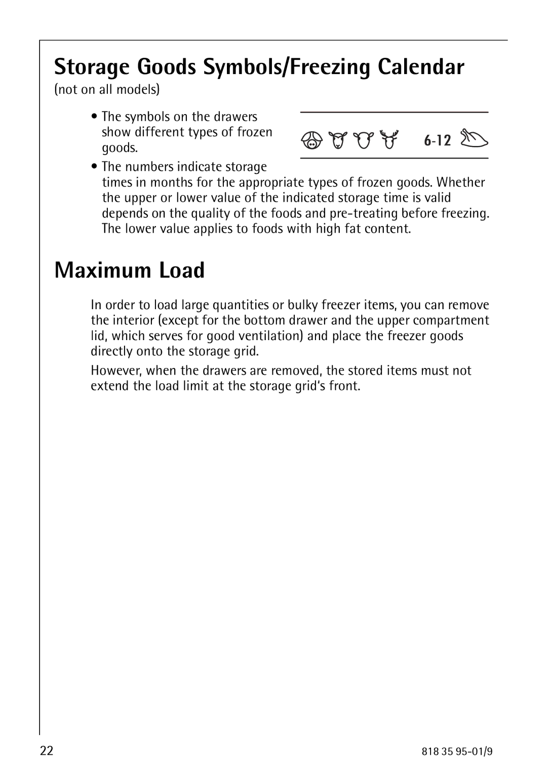 AEG 75248 GA1 manual Storage Goods Symbols/Freezing Calendar, Maximum Load 