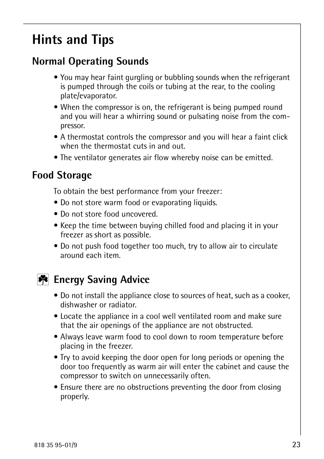 AEG 75248 GA1 manual Hints and Tips, Normal Operating Sounds, Food Storage, Energy Saving Advice 