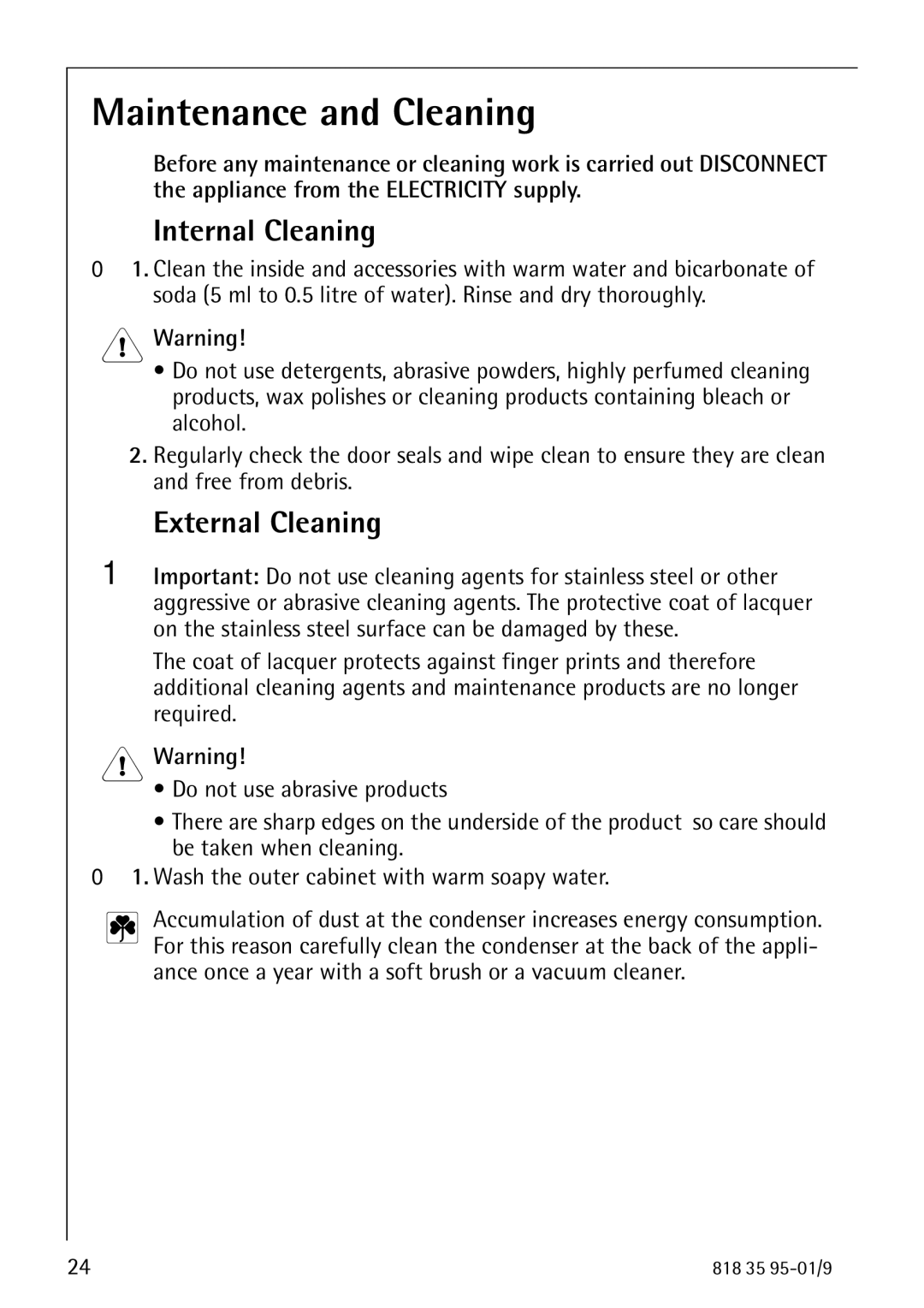 AEG 75248 GA1 manual Maintenance and Cleaning, Internal Cleaning, External Cleaning 