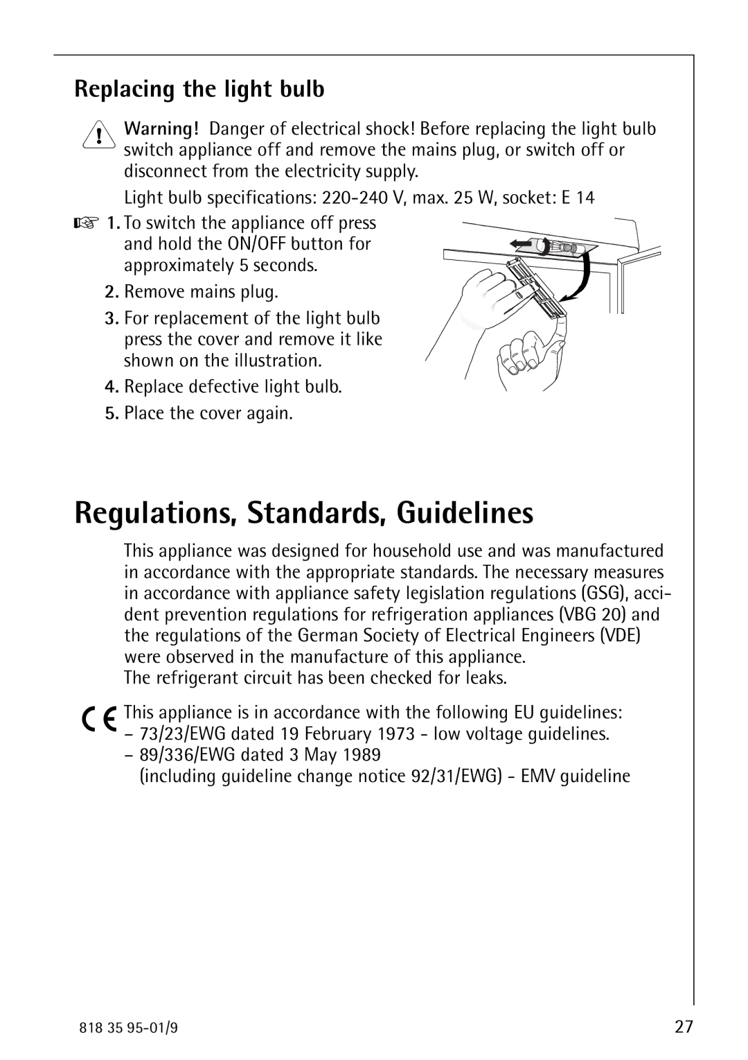 AEG 75248 GA1 manual Regulations, Standards, Guidelines, Replacing the light bulb 