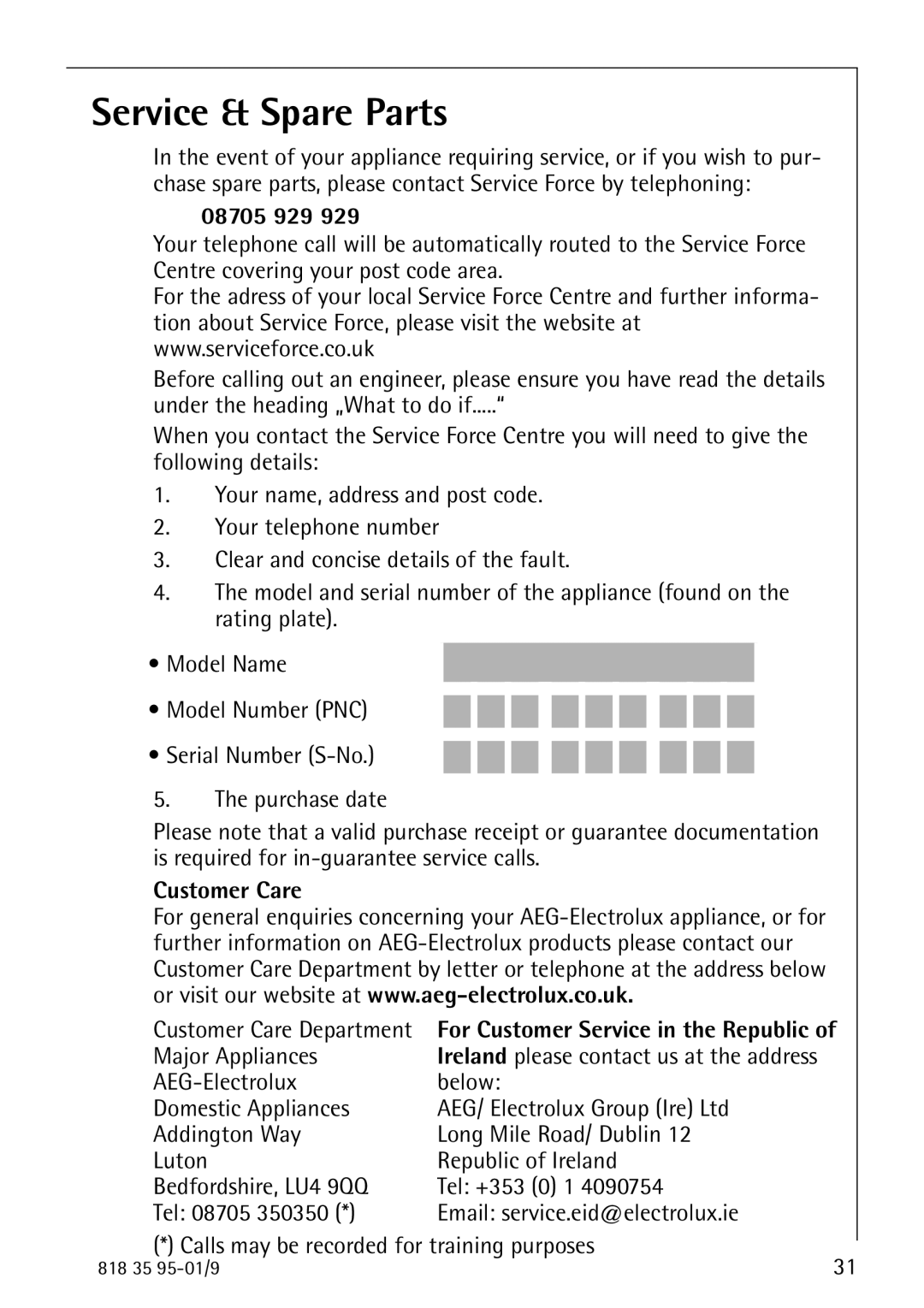 AEG 75248 GA1 manual Service & Spare Parts, 08705 929, Customer Care 