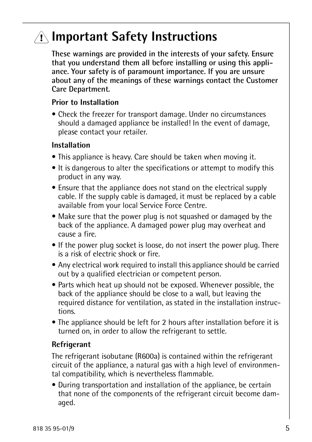 AEG 75248 GA1 manual Important Safety Instructions, Prior to Installation, Refrigerant 