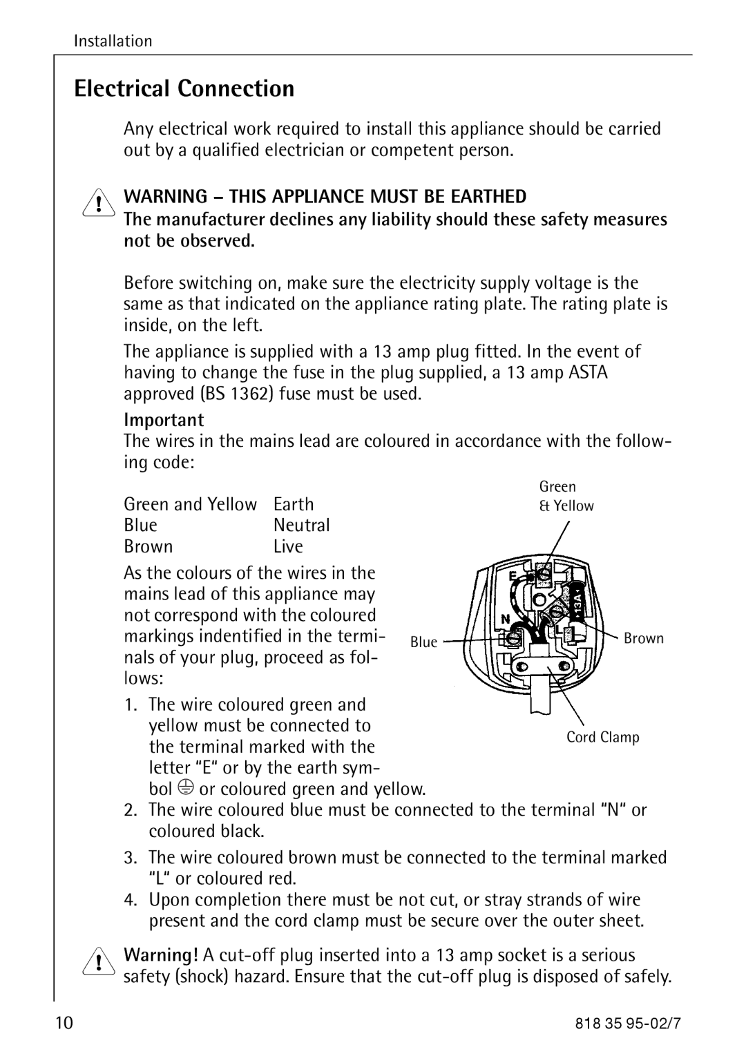 AEG 75248 GA3 manual Electrical Connection 