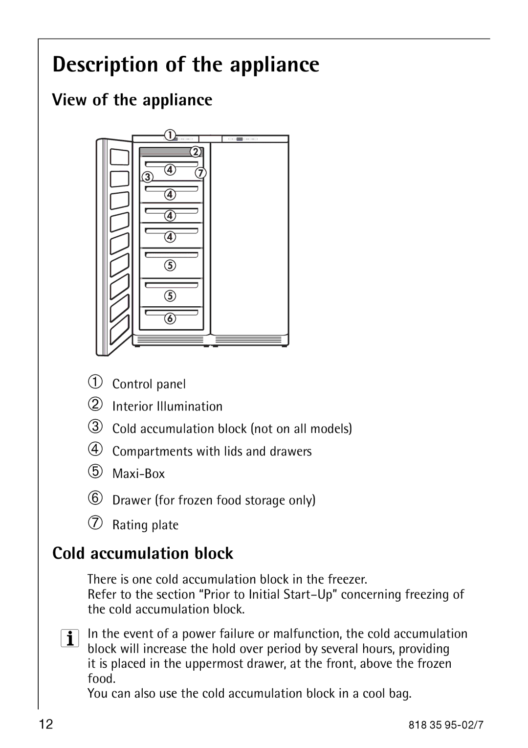 AEG 75248 GA3 manual Description of the appliance, View of the appliance, Cold accumulation block 