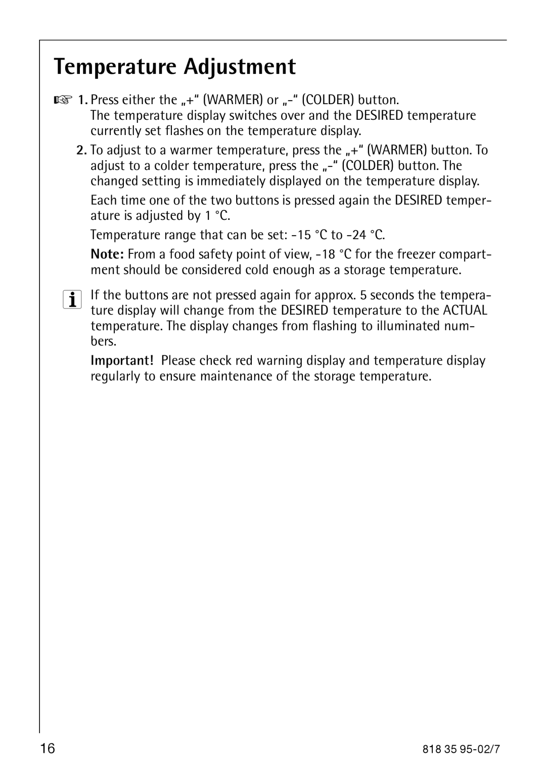 AEG 75248 GA3 manual Temperature Adjustment 