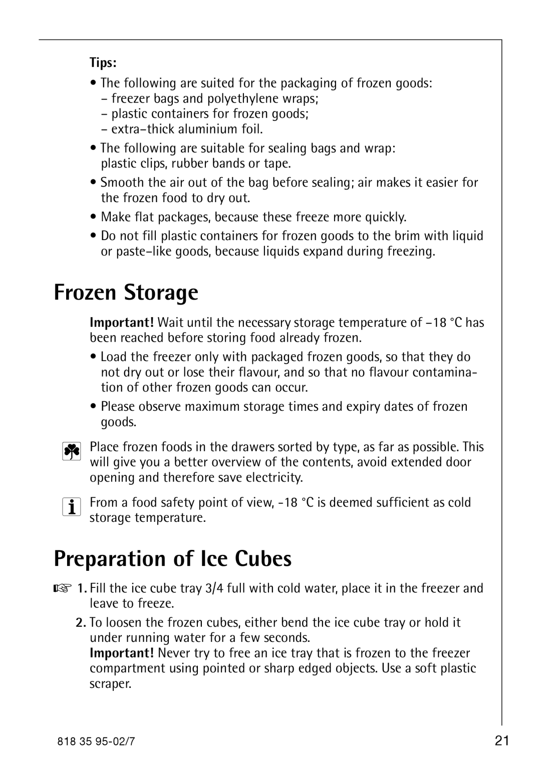 AEG 75248 GA3 manual Frozen Storage, Preparation of Ice Cubes, Tips 