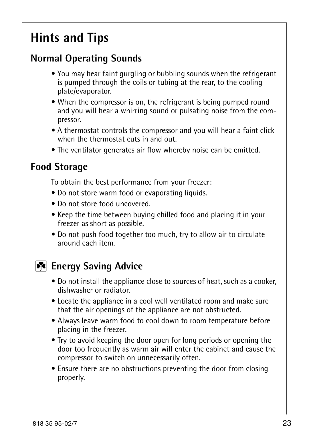 AEG 75248 GA3 manual Hints and Tips, Normal Operating Sounds, Food Storage, Energy Saving Advice 