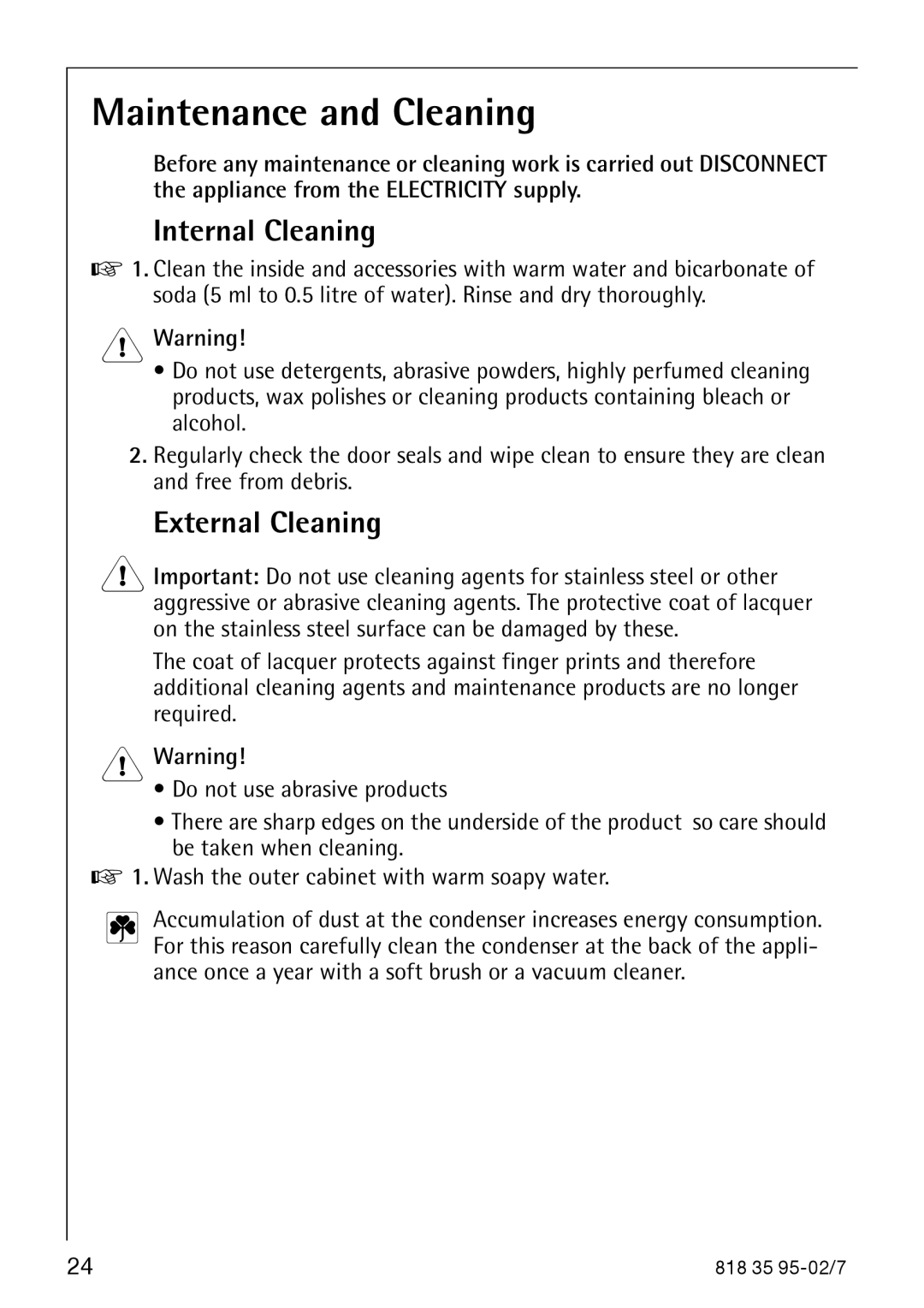 AEG 75248 GA3 manual Maintenance and Cleaning, Internal Cleaning, External Cleaning 