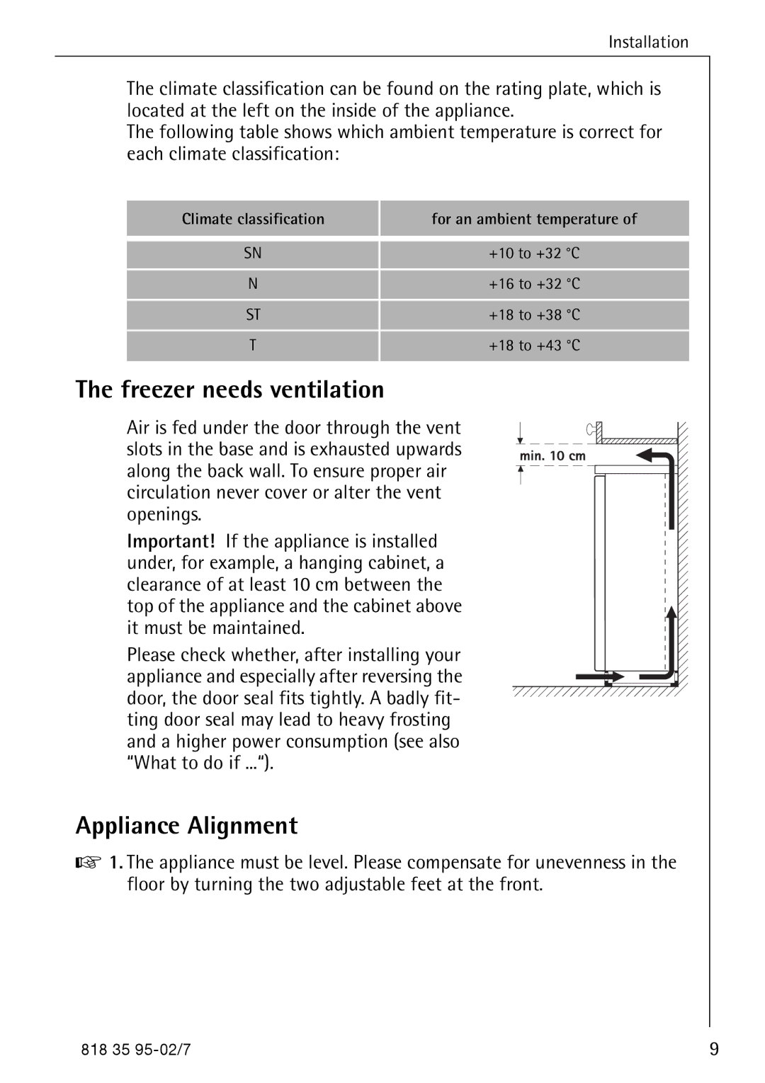 AEG 75248 GA3 manual Freezer needs ventilation, Appliance Alignment 