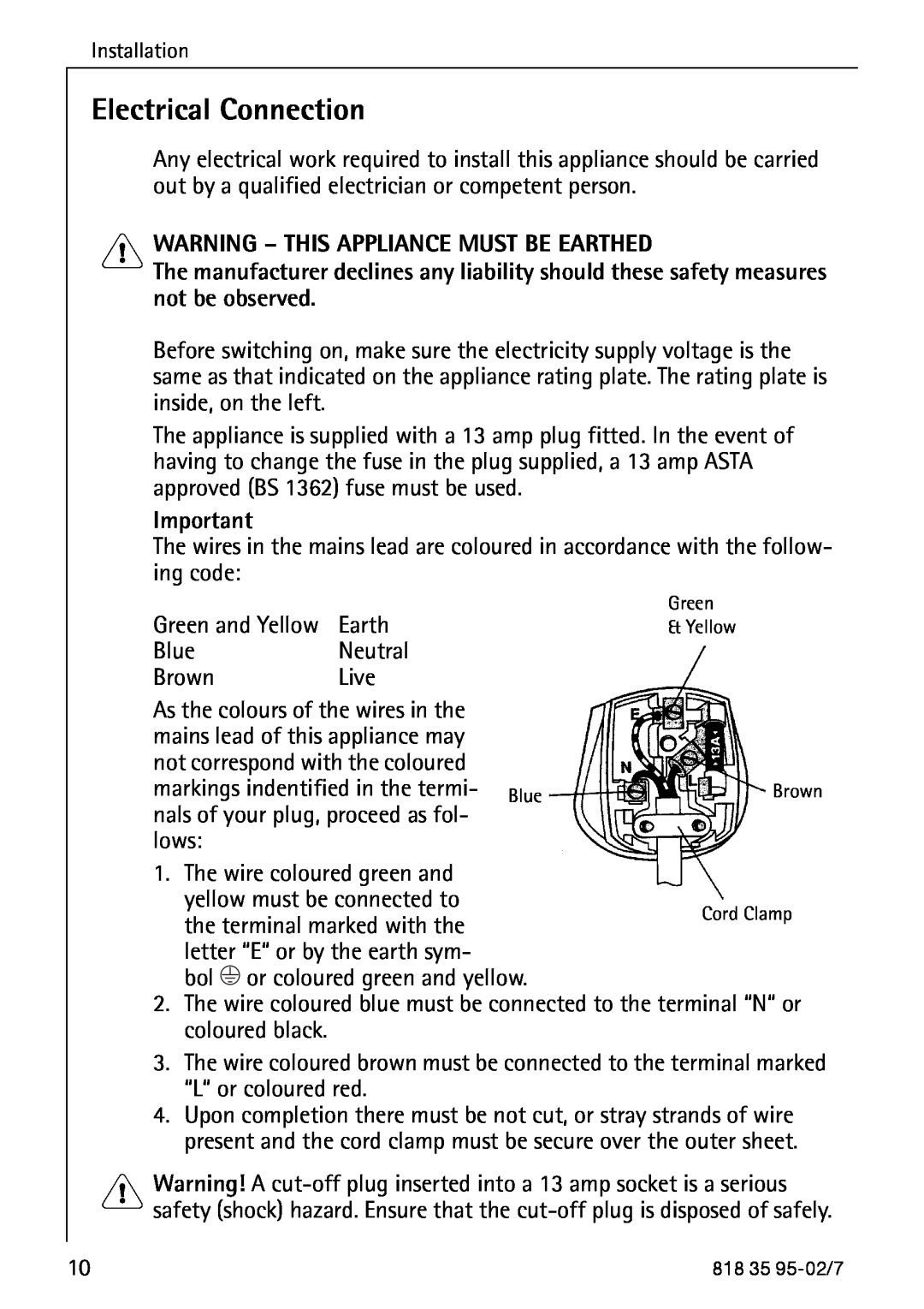 AEG 75248 GA3 manual Electrical Connection, Warning - This Appliance Must Be Earthed 