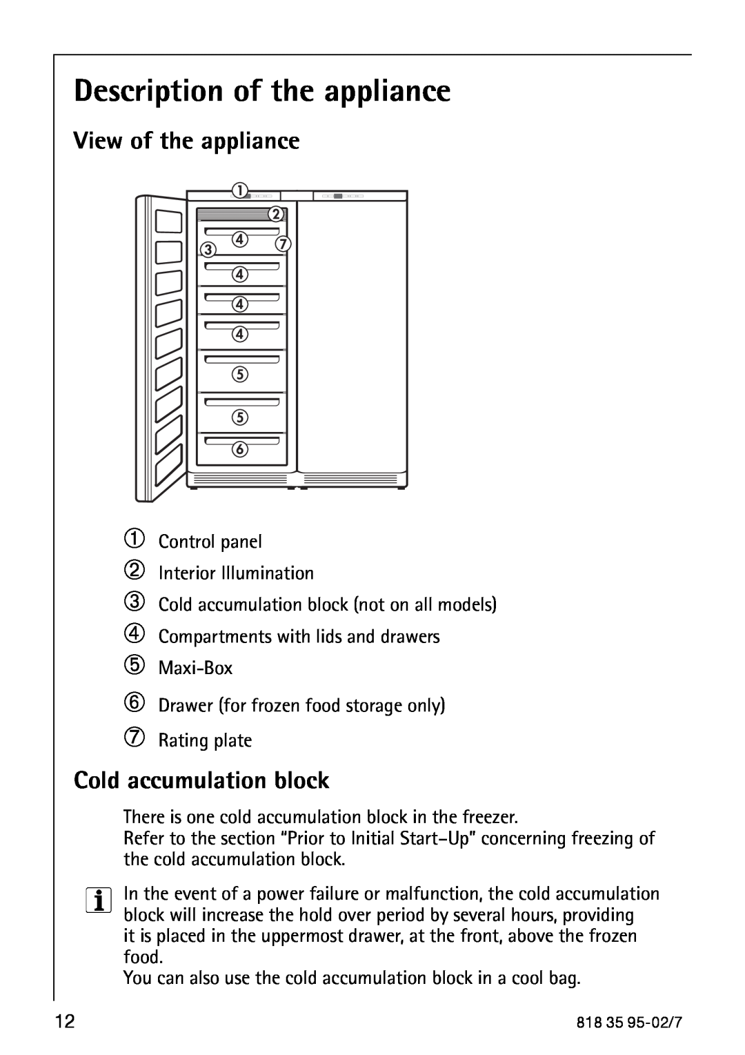 AEG 75248 GA3 manual Description of the appliance, View of the appliance, Cold accumulation block 