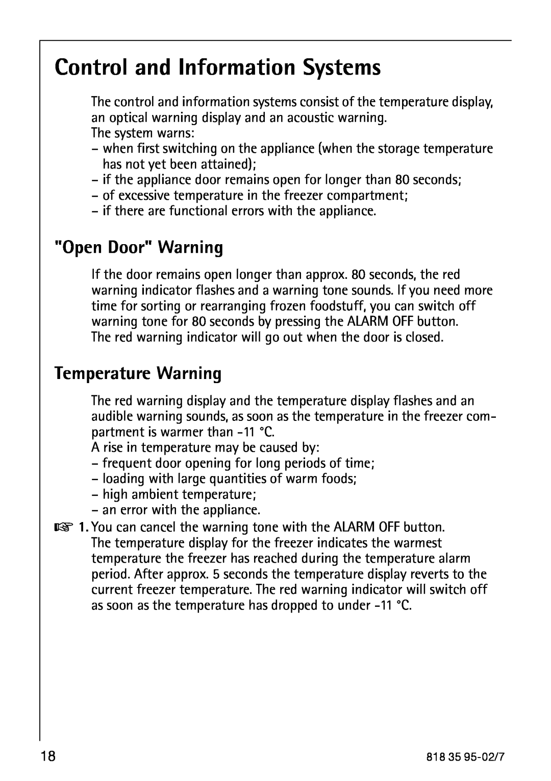 AEG 75248 GA3 manual Control and Information Systems, Open Door Warning, Temperature Warning 