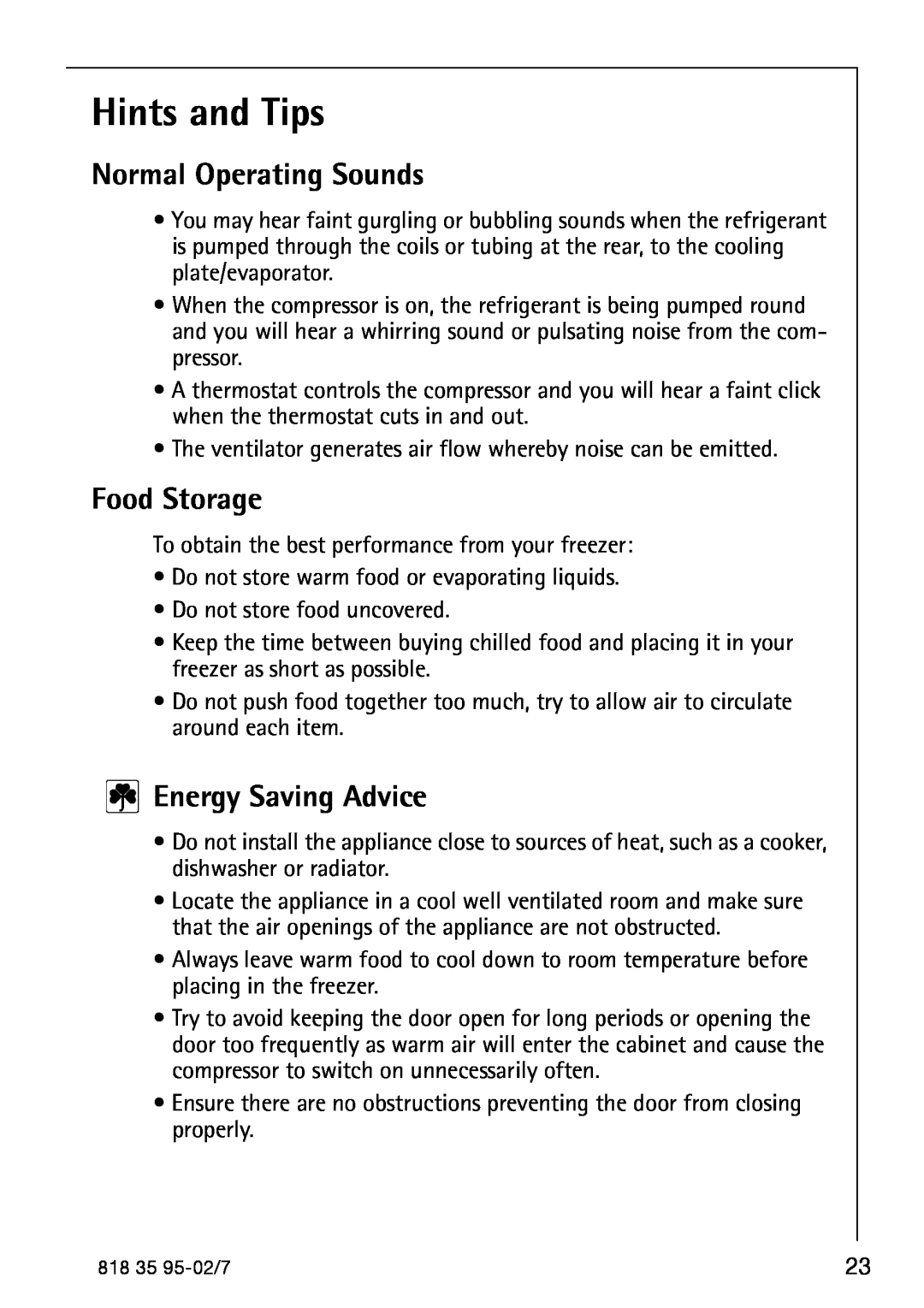 AEG 75248 GA3 manual Hints and Tips, Normal Operating Sounds, Food Storage, Energy Saving Advice 