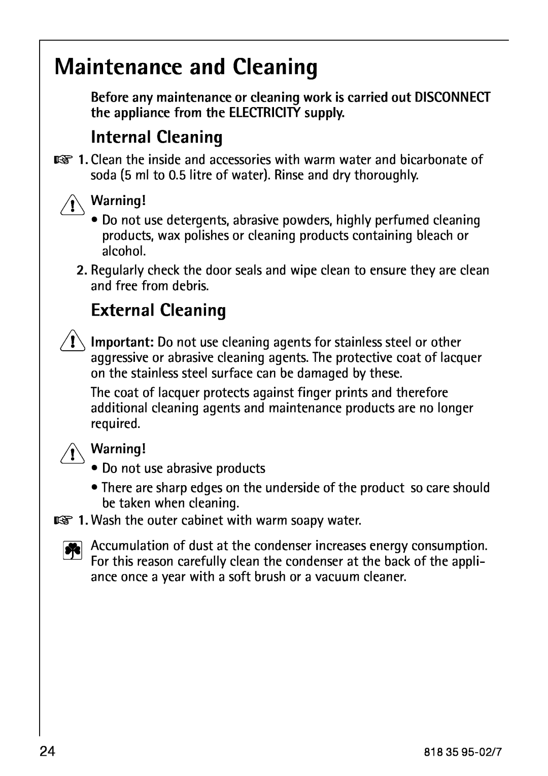 AEG 75248 GA3 manual Maintenance and Cleaning, Internal Cleaning, External Cleaning 