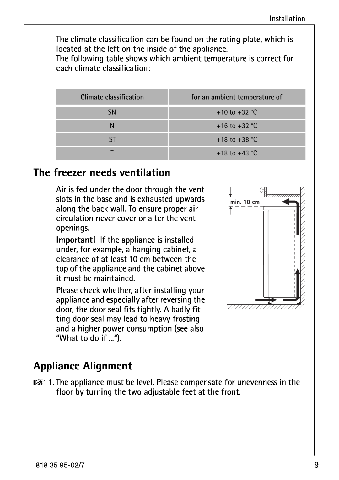 AEG 75248 GA3 manual The freezer needs ventilation, Appliance Alignment 