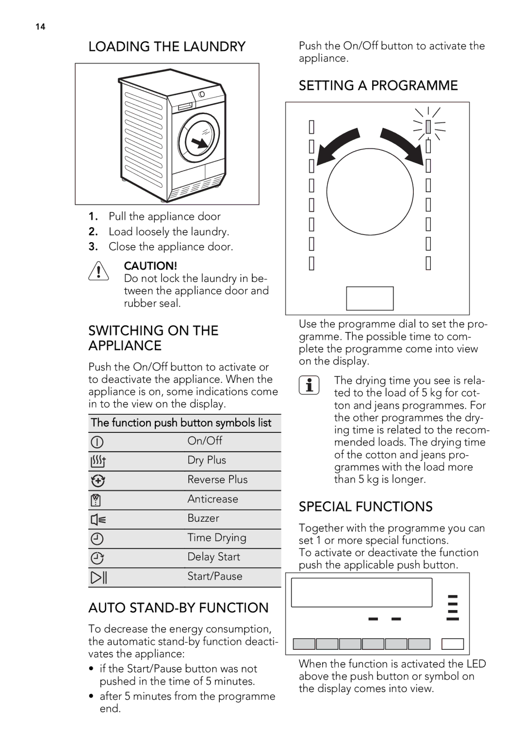 AEG 75470AH Loading the Laundry, Switching on Appliance, Auto STAND-BY Function, Setting a Programme, Special Functions 