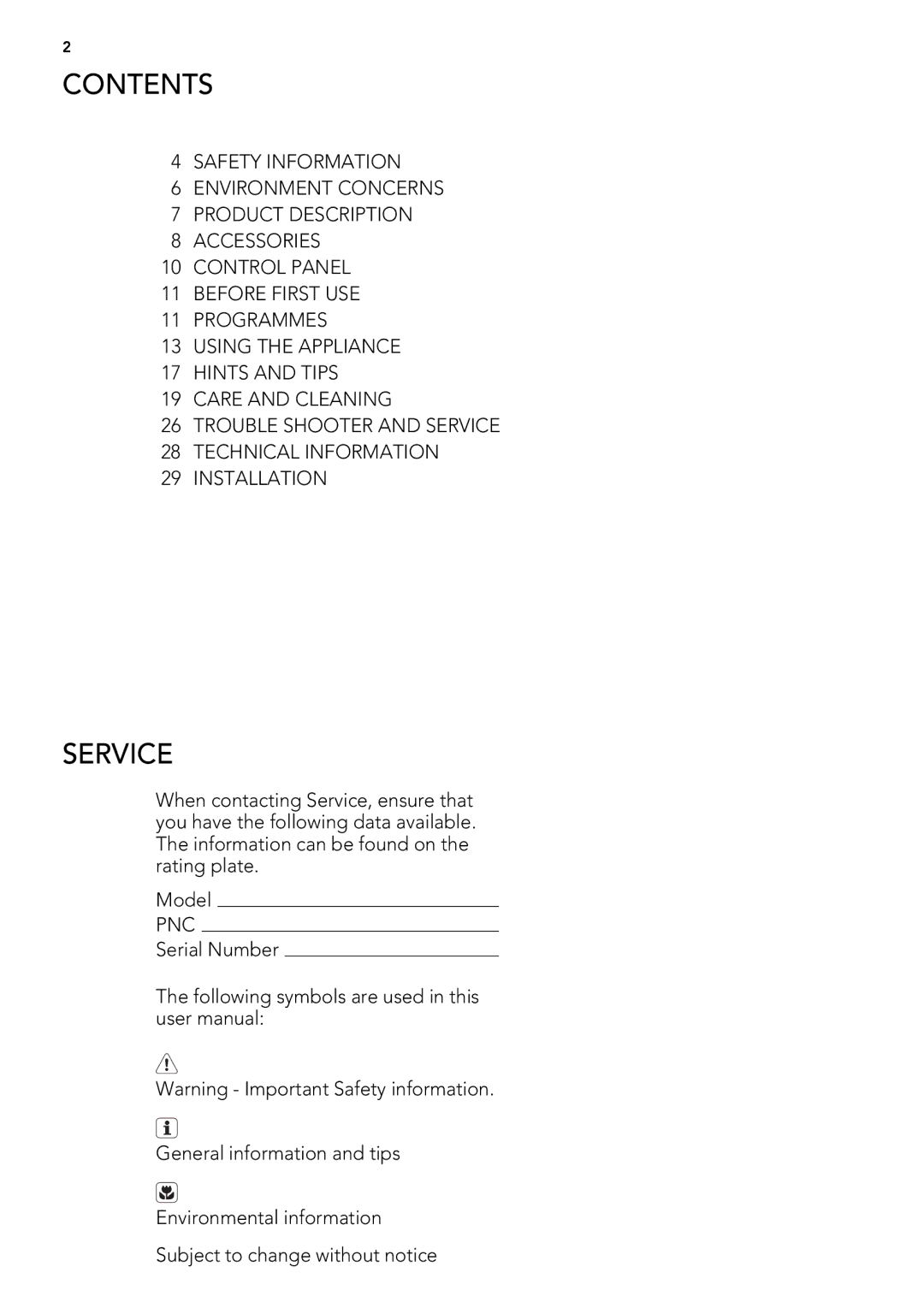 AEG 75470AH user manual Contents, Service 