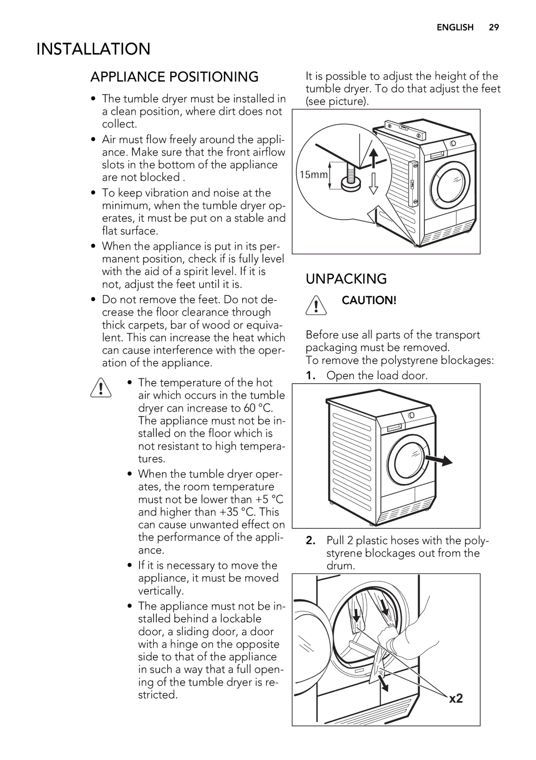 AEG 75470AH user manual Installation, Appliance Positioning, Unpacking 