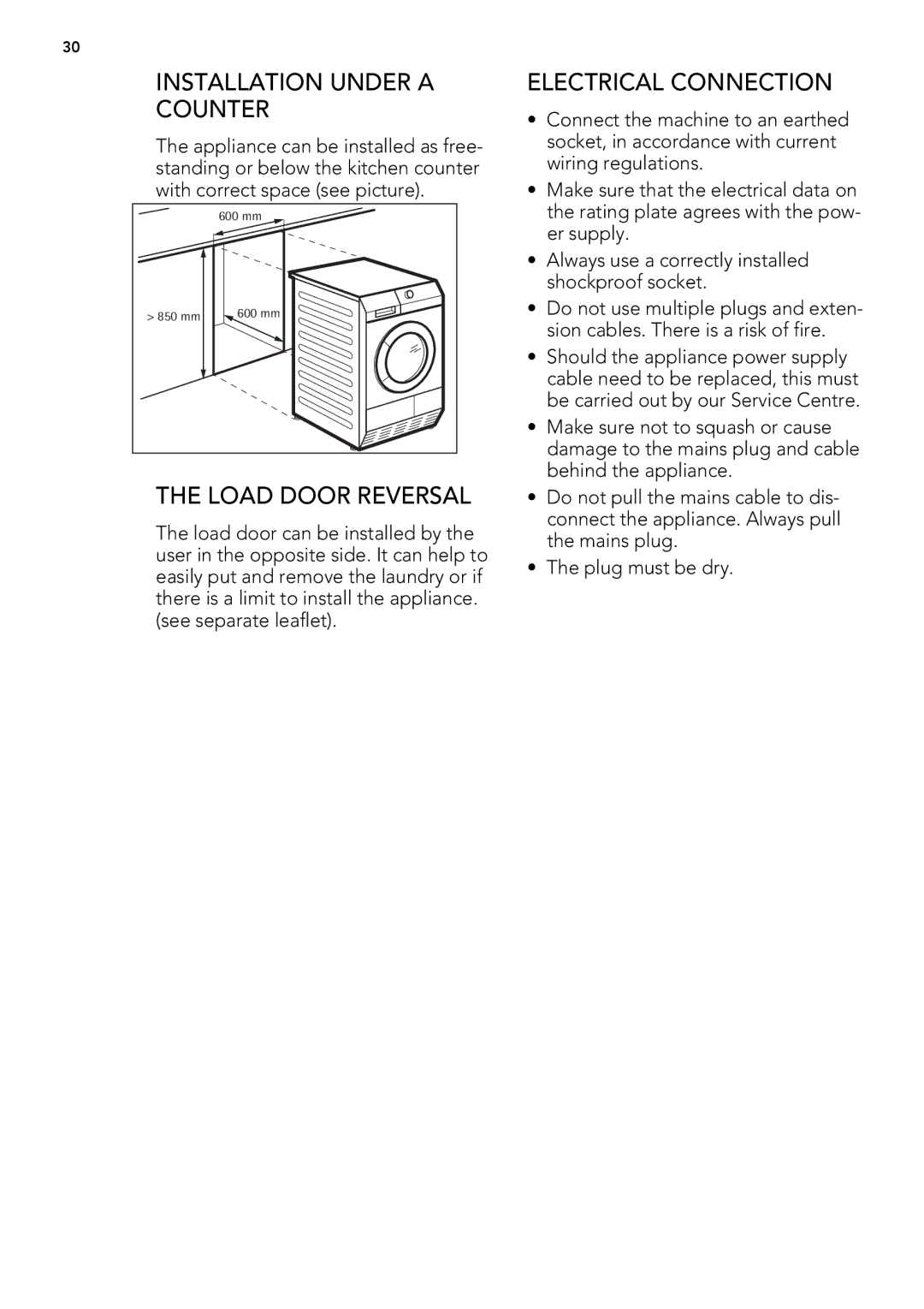 AEG 75470AH user manual Installation Under a Counter, Load Door Reversal, Electrical Connection 