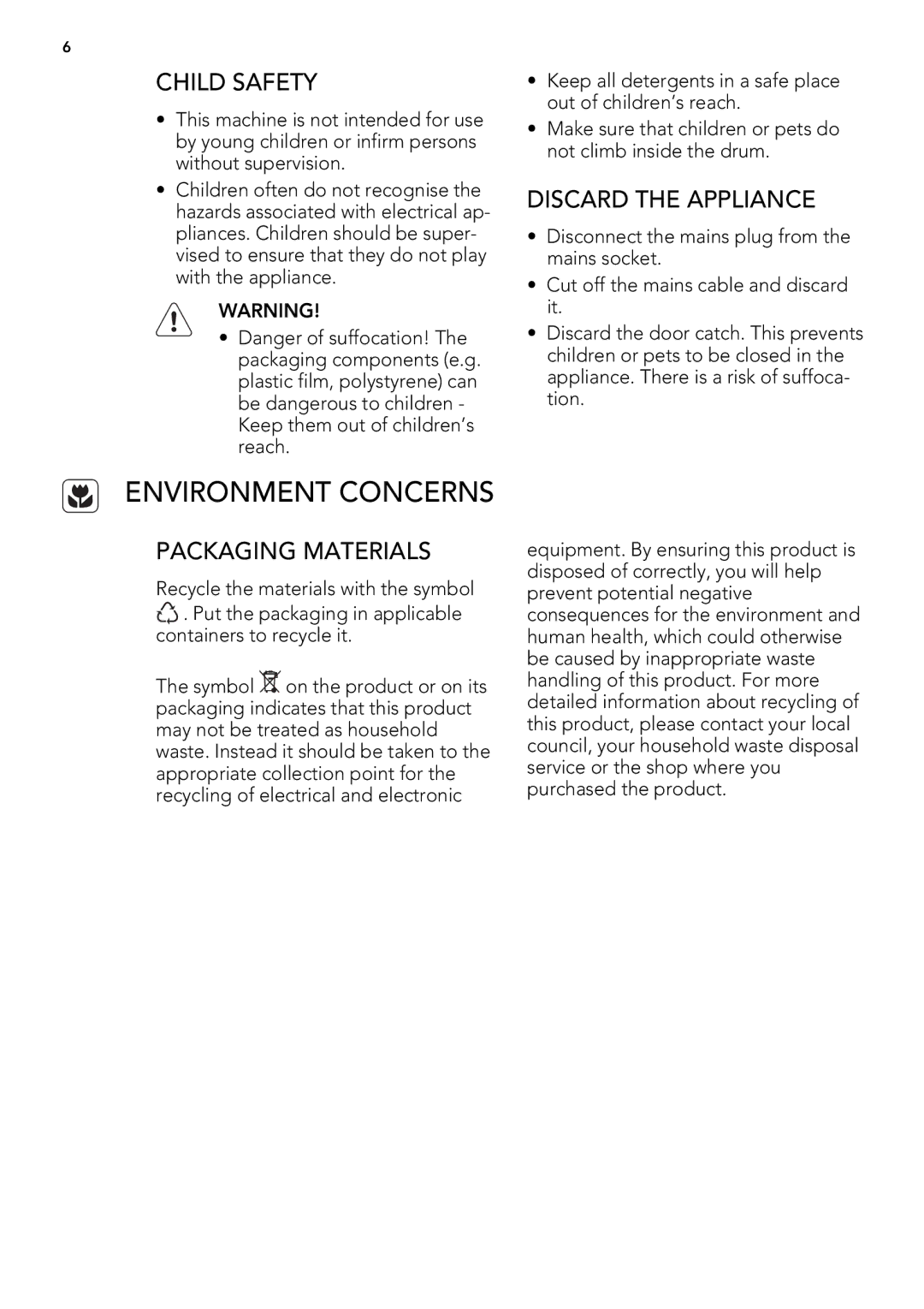 AEG 75470AH user manual Environment Concerns, Child Safety, Discard the Appliance, Packaging Materials 