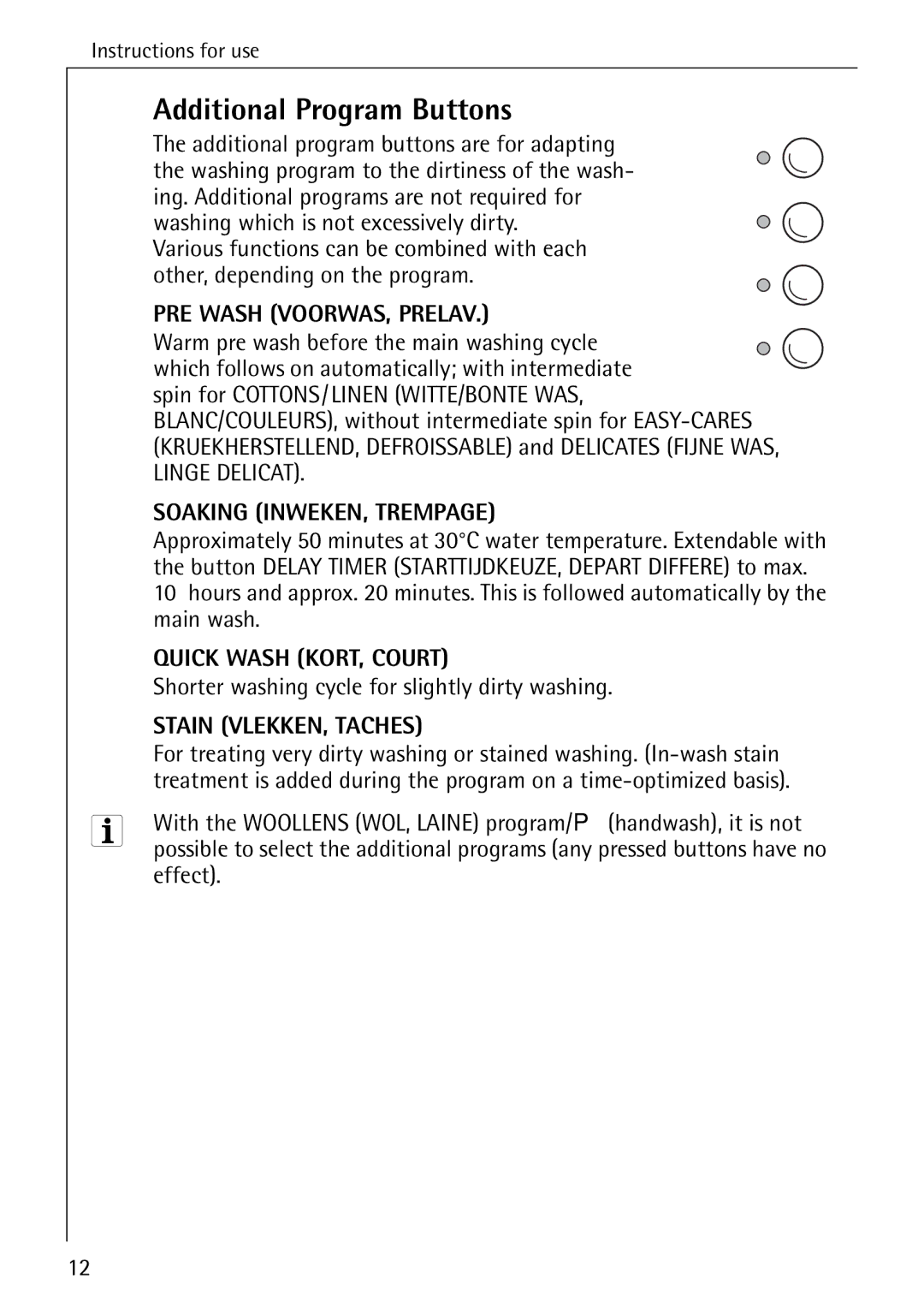 AEG 76730 manual Additional Program Buttons, Shorter washing cycle for slightly dirty washing, Effect 