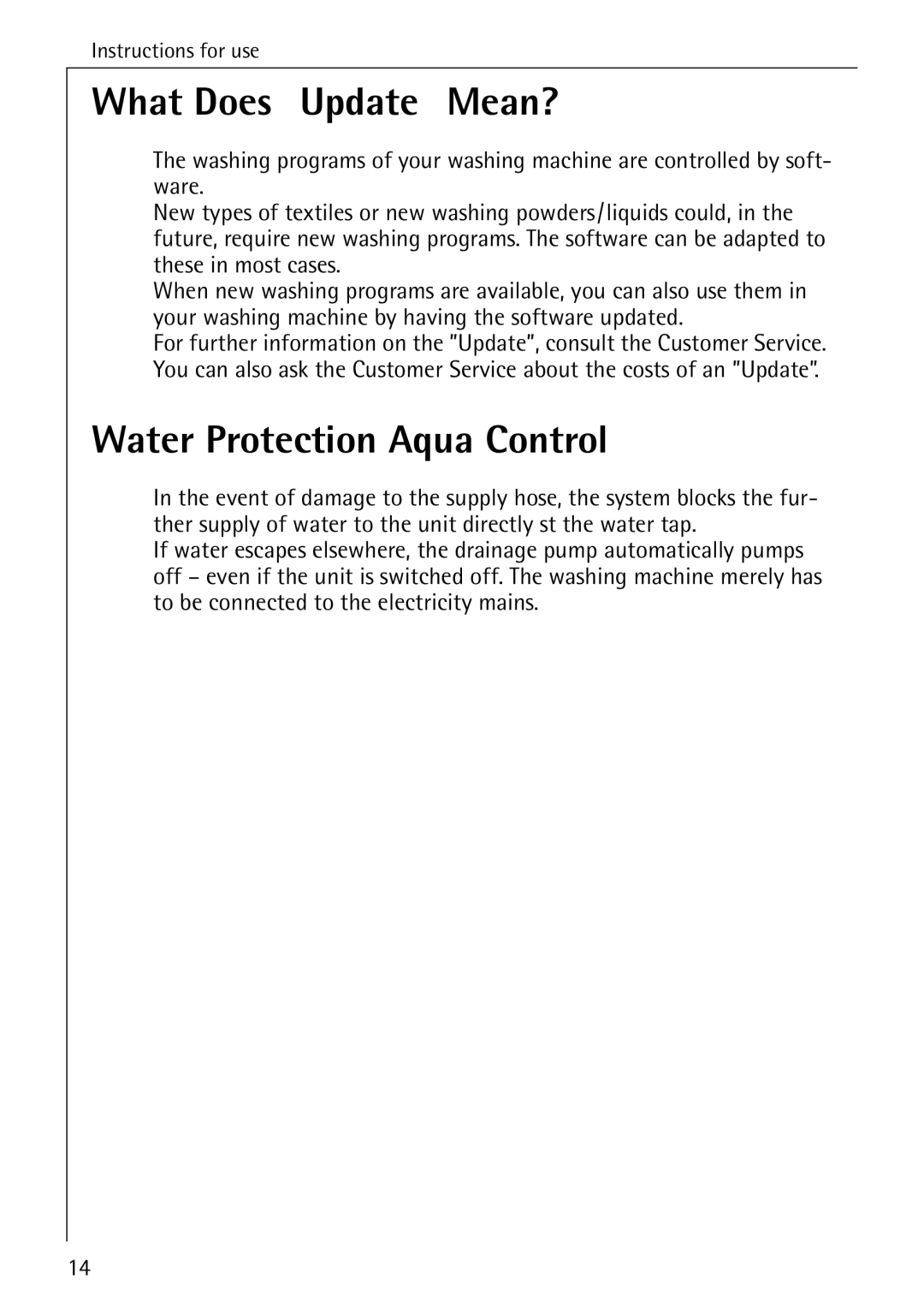 AEG 76730 manual What Does Update Mean?, Water Protection Aqua Control 