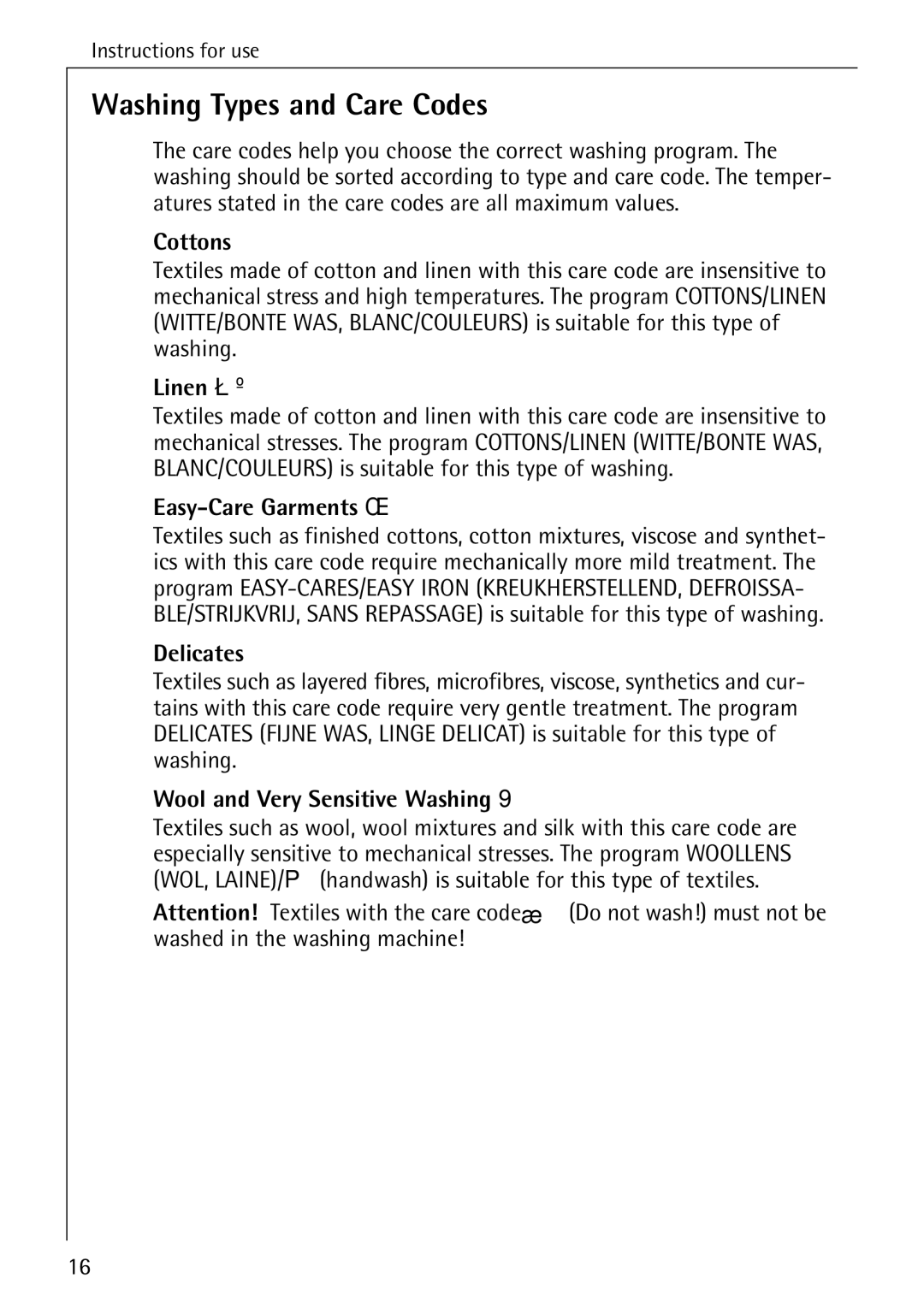 AEG 76730 manual Washing Types and Care Codes 