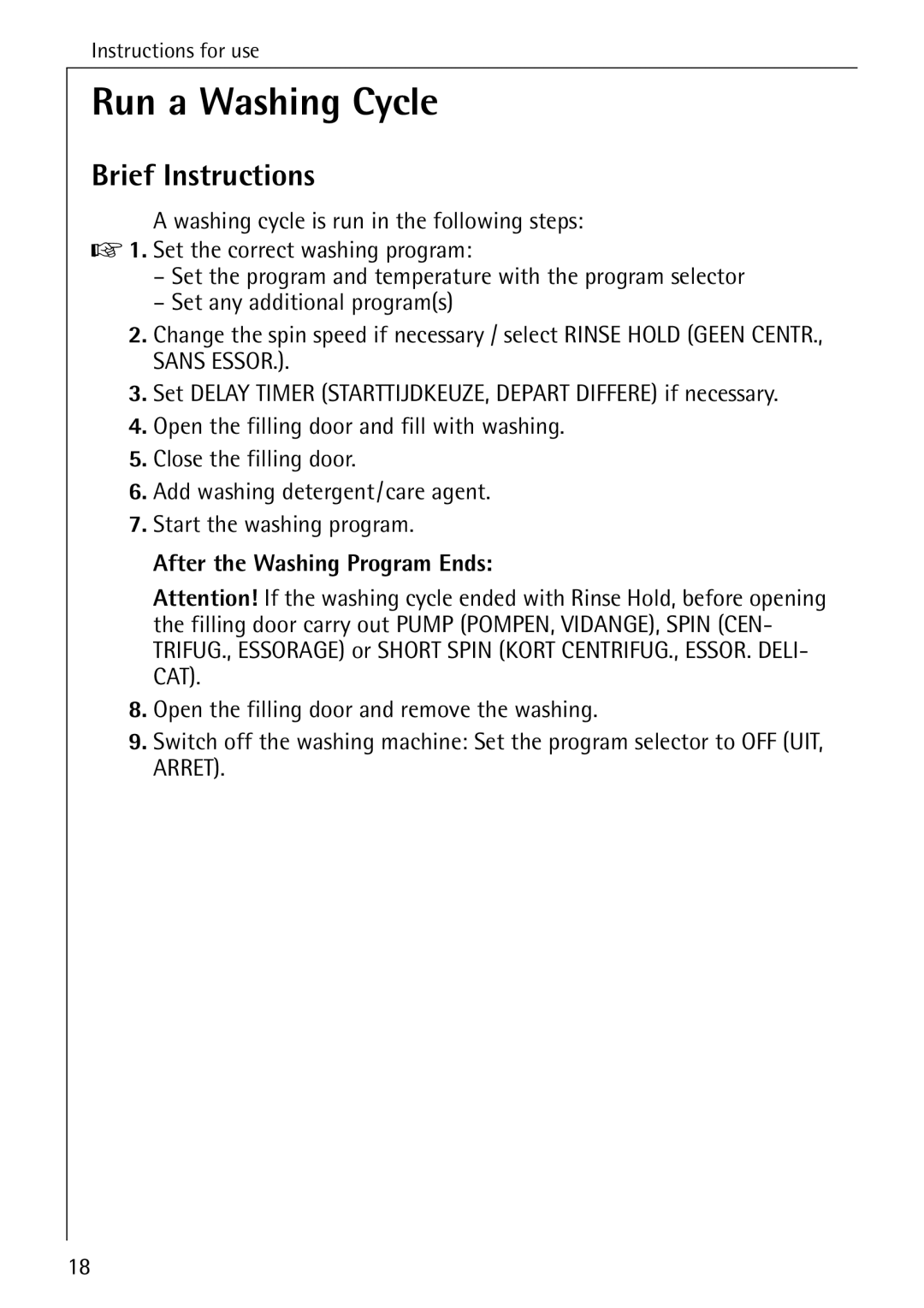 AEG 76730 manual Run a Washing Cycle, Brief Instructions, After the Washing Program Ends 