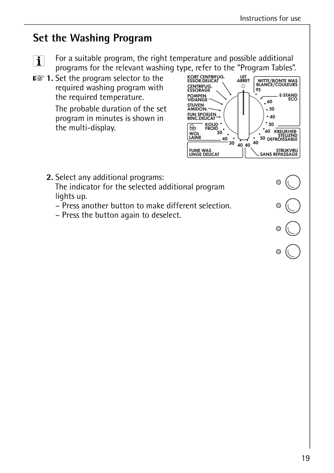 AEG 76730 manual Set the Washing Program, Press the button again to deselect 