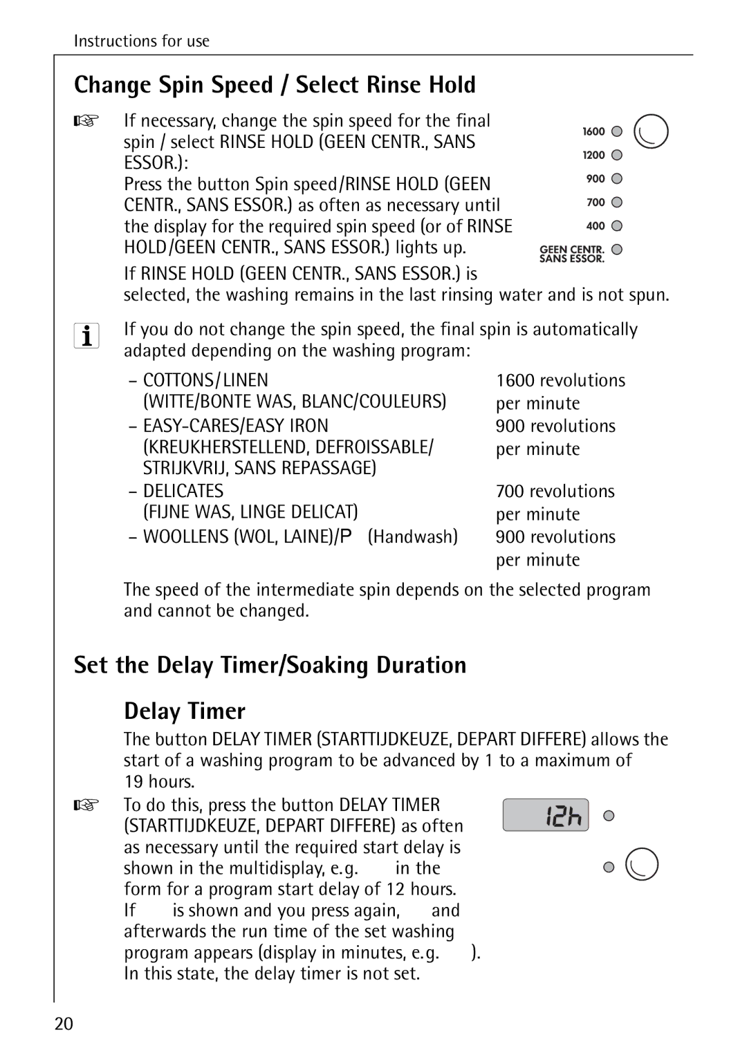 AEG 76730 manual Change Spin Speed / Select Rinse Hold, Set the Delay Timer/Soaking Duration, Per minute, Hours 