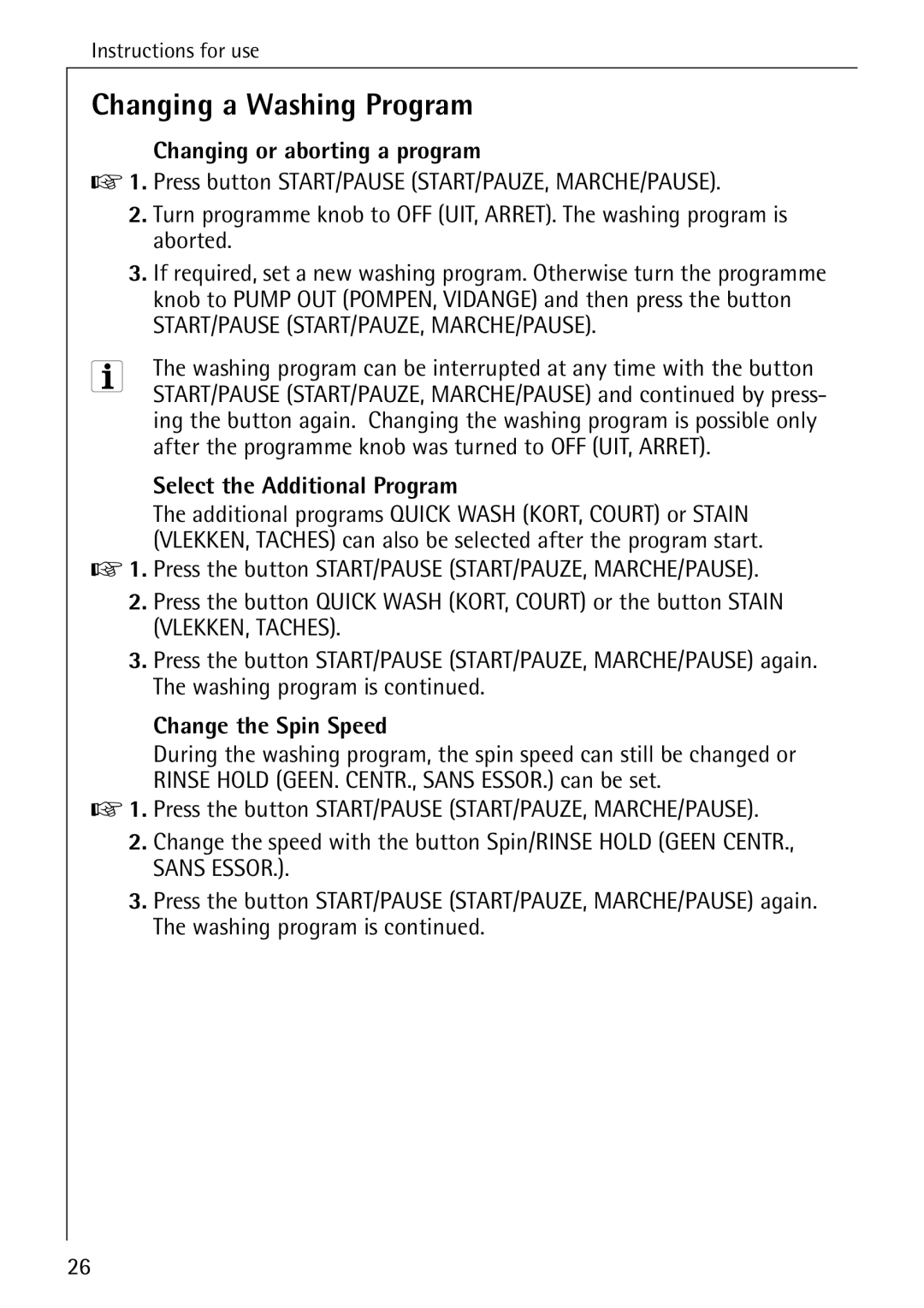 AEG 76730 Changing a Washing Program, Changing or aborting a program, Select the Additional Program, Change the Spin Speed 