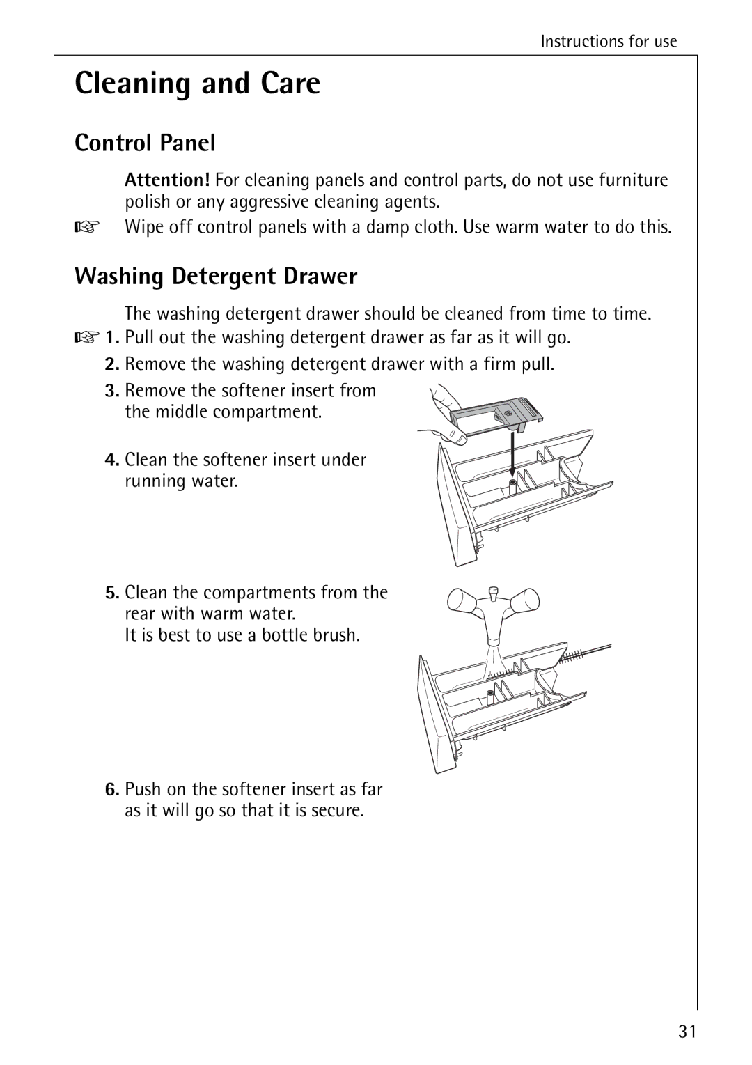 AEG 76730 manual Cleaning and Care, Washing Detergent Drawer 