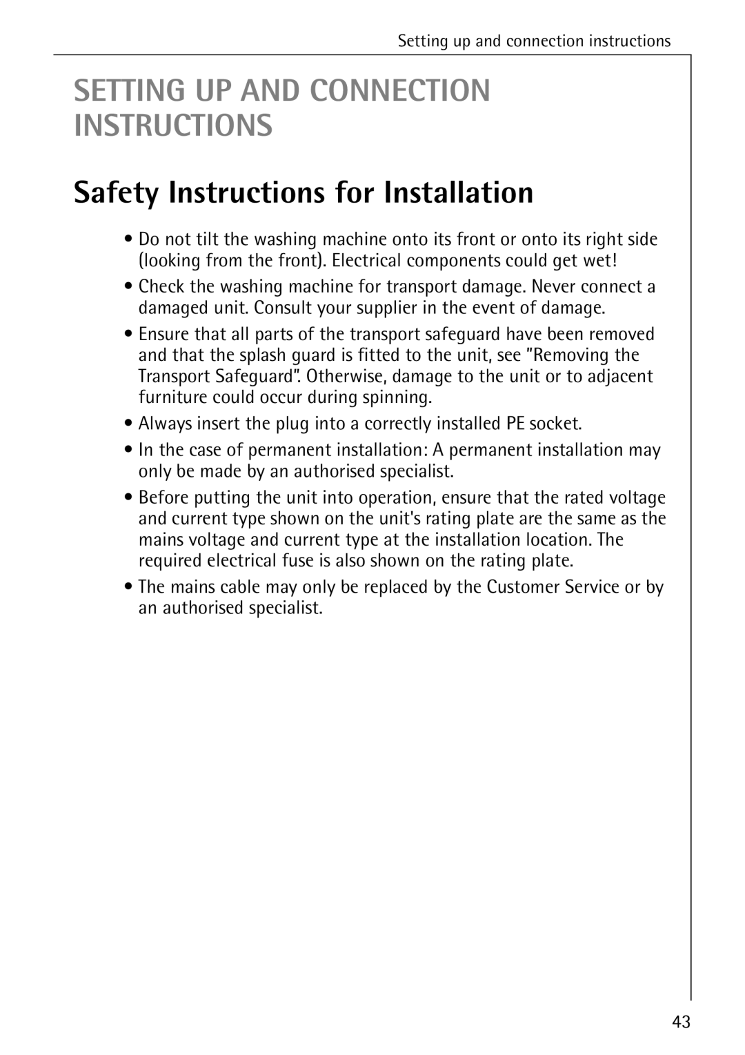 AEG 76730 manual Setting UP and Connection Instructions, Safety Instructions for Installation 