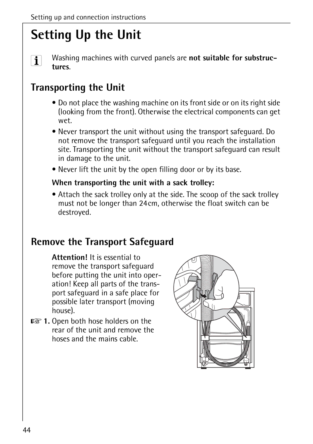 AEG 76730 manual Setting Up the Unit, Transporting the Unit, Remove the Transport Safeguard, Tures 